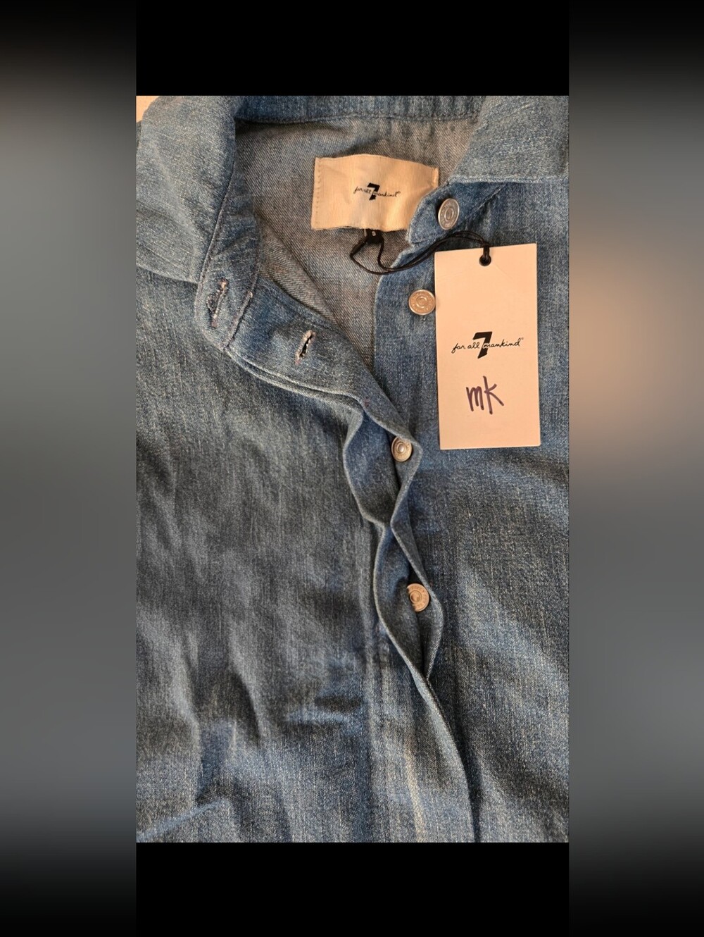 NWT 7 For All Mankind Balloon Star Sleeve Crop Denim Shirt Patchwork S - Picture 7 of 15